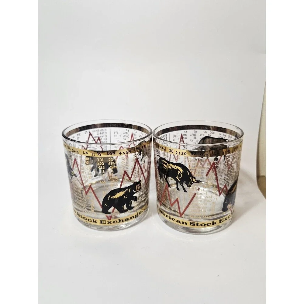 Set of 2 Vintage MCM Hammacher Schlemmer Stock Market Bull/Bear Lowball Glasses